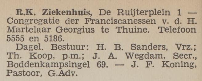De Ruyterplein 1 R.K. Ziekenhuis. telefoon 5555 en 5186. Pius Almanak Jaarboek voor Katholie Nederland 1943.jpg