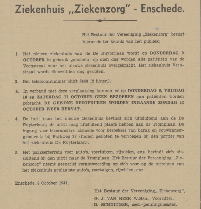 De Ruyterlaan 5 ziekenhuis Ziekenzorg advertentie Tubantia 8-10-1941.jpg