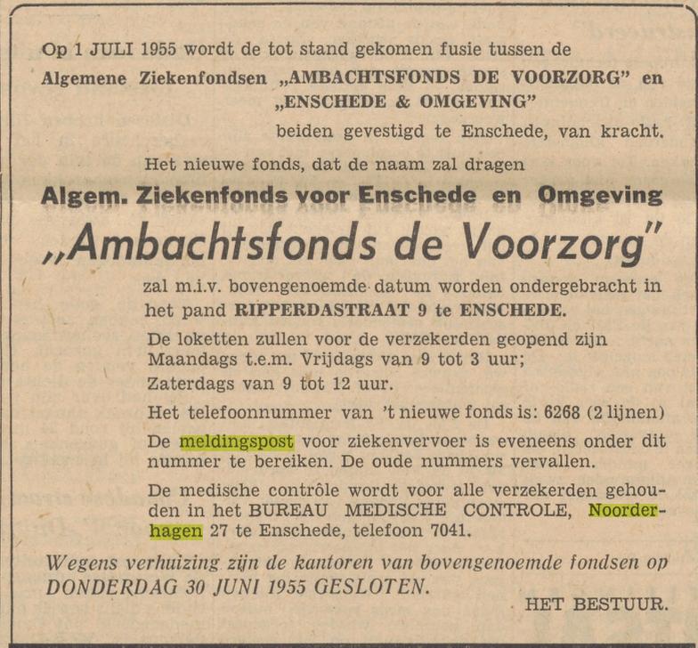 Noorderhagen 27 meldingspost ziekenvervoer advertentie Tubantia 28-6-1955.jpg