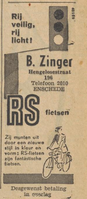 Hengelosestraat 196 B. Zinger rijwielhandel advertentie Tubantia 13-5-1955.jpg