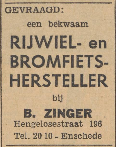Hengelosestraat 196 B.Zinger rijwiel- en bromfietshersteller advertentie Tubantia 22-2-1961.jpg