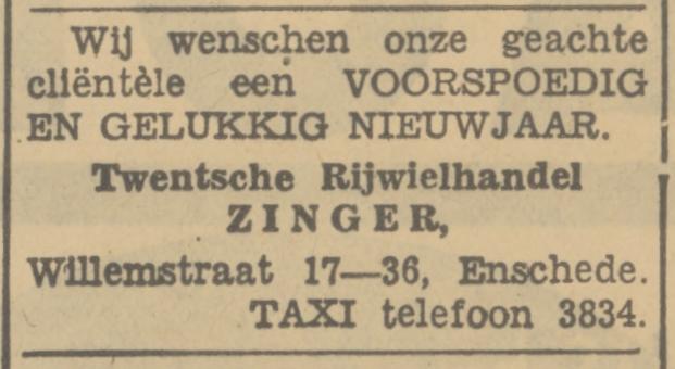 Willemstraat 17-36 Twentsche Rijwielhandel Zinger advertentie Tubantia 30-12-1933.jpg