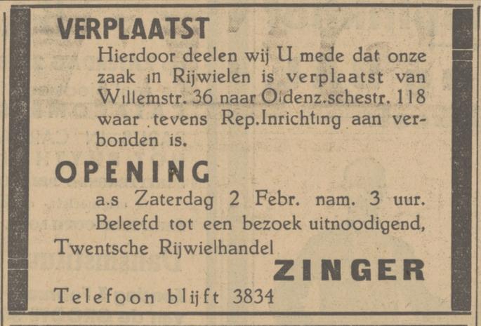 Oldenzaalsestraat 118 Twentsche rijwielhandel Zinger advertentie Tubantia 1-12-1935.jpg