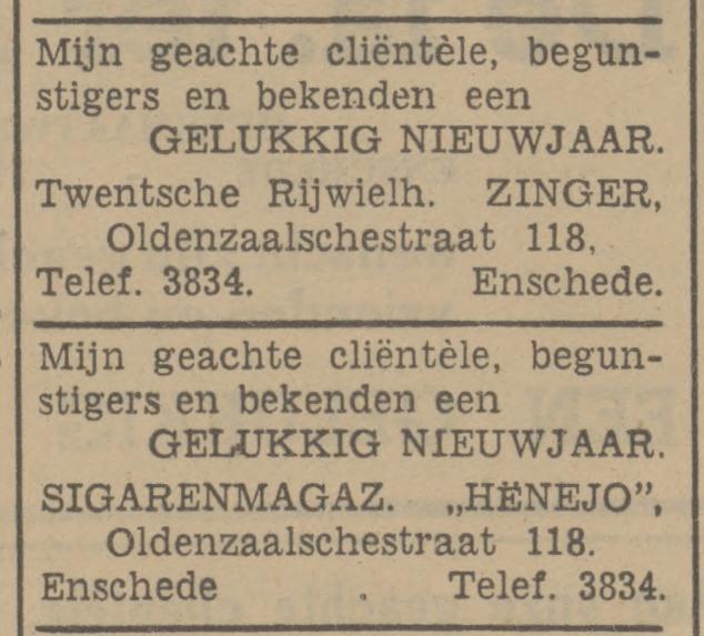 Oldenzaalsestraat 118 Twentsche rijwielhandel Zinger Sigarenmagazijn Henejo advertentie Tubantia 31-12-1940.jpg