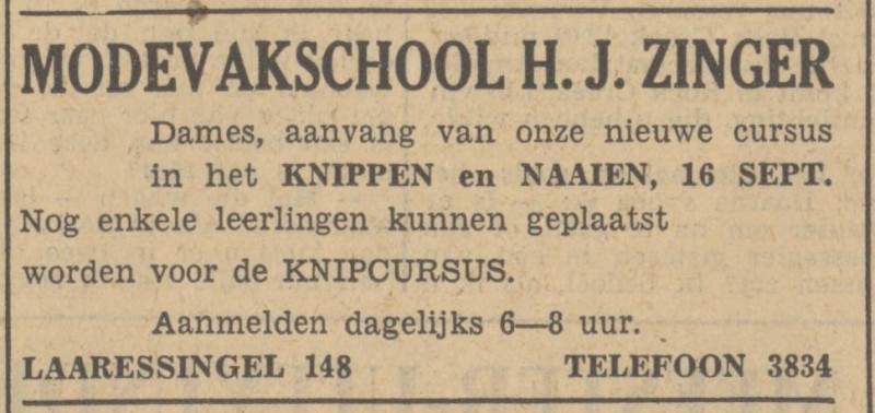 Laaressingel 148 H.J. Zinder modevakschool advertentie Tubantia2-9-1949.jpg