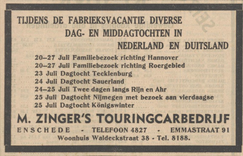 Emmastraat 91 M. Zinger Touringcarbedrijf advertentie Tubantia 11-7-1952.jpg