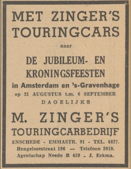 Emmastraat 91 Hengelosestraat 196 M. Zinger's Touringcarbedrijf advertentie Tubantia 28-8-1948.jpg