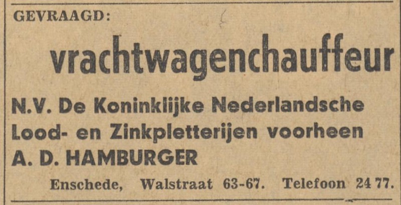 Walstraat 63-67 N.V. de Koninklijke Nederlandsche Lood- en zinkpletterijen v.h. A.D. Hamburger N.V. advertentie Tubantia 19-8-1961.jpg
