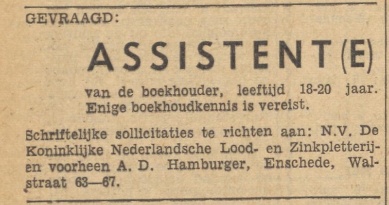 Walstraat 63-67 N.V. de Koninklijke Nederlandsche Lood- en zinkpletterijen v.h. A.D. Hamburger N.V. advertentie Tubantia 6-5-1961.jpg