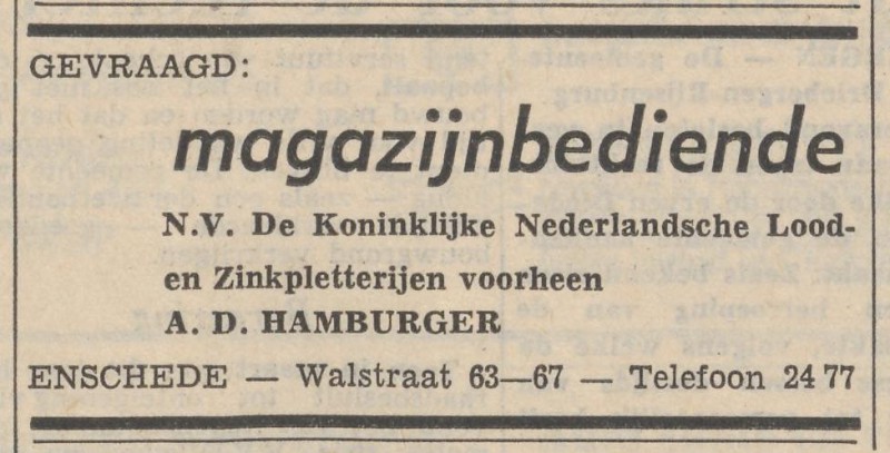 Walstraat 63-67 N.V. de Koninklijke Nederlandsche Lood- en zinkpletterijen v.h. A.D. Hamburger N.V. advertentie Tubantia 30-7-1960.jpg
