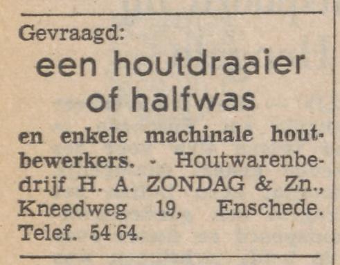 Kneedweg 19 Houtwarenbedrijf H.A. Zondag advertentie Tubantia 3-3-1964.jpg