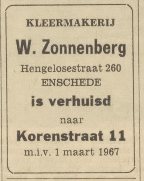 Hengelosestraat 260 W. Zonnenberg kleermakerij advertentie Tubantia 28-2-1967.jpg