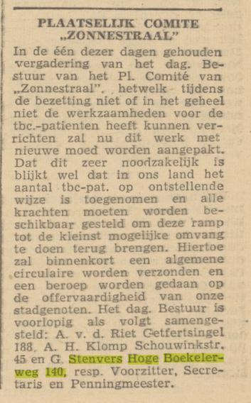 Hoge Boekelerweg 140 Plaatselijk comite Zonnestraal G. Stenvers krantenbericht De Waarheid 27-6-1945.jpg
