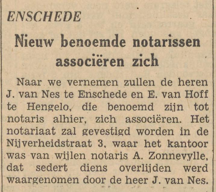 Nijverheidstraat 3 notaris A. Zonnevylle krantenbericht Tubantia 20-2-1954.jpg