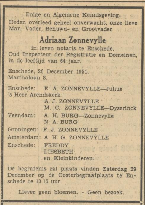 Marthalaan 8 A. Zonnevylle notaris overlijdensadvertentie Tubantia 27-11-1951.jpg