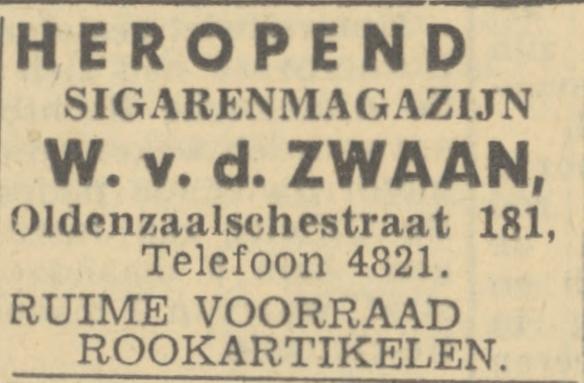 Oldenzaalsestraat 181 sigarenmagazijn W. v.d. Zwaan advertentie Twentsch nieuwsblad 29-3-1944.jpg