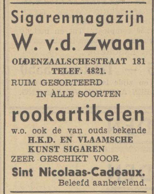 Oldenzaalsestraat 181 sigarenmagazijn W. v.d. Zwaan advertentie Tubantia 27-11-1937.jpg