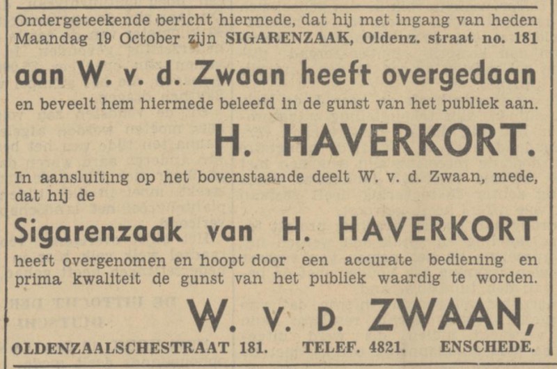 Oldenzaalsestraat 181 sigarenzaak W. v.d. Zwaan advertentie Tubantia 19-10-1936.jpg