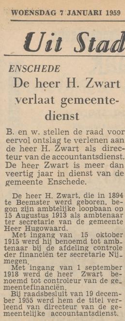 H. Zwart directeur gemeentelijke accountantsdienst krantenbericht Tubantia 7-1-1959.jpg