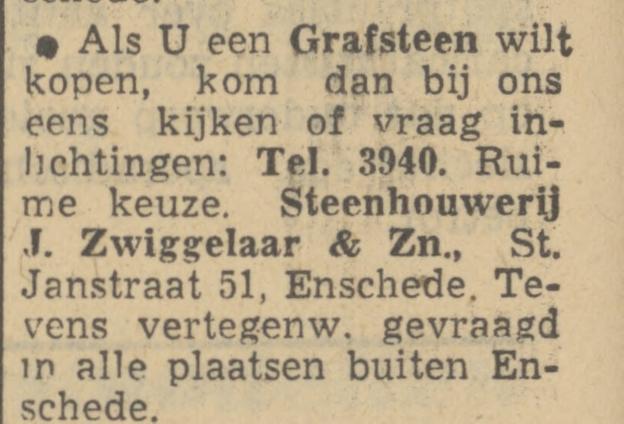 Sint Janstraat 51 Steenhouwerij J, Zwiggelaar & Zn. advertentie Tubantia 3-2-1951.jpg