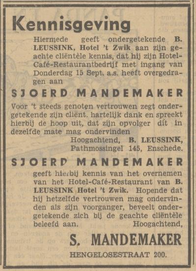 Hengelosestraat 200 Hotel 't Zwik S. Mandemaker advertentie Tubantia 14-9-1949.jpg