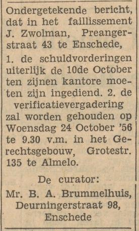 Preangerstraat 43 J. Zwolman krantenbericht Tubantia 3-10-1956.jpg