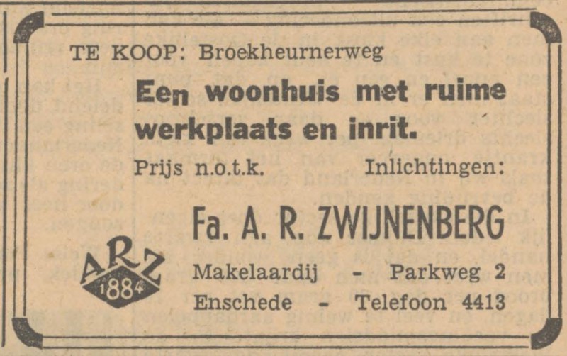 Parkweg 2 Fa. A.R. Zwijnenberg makelaardij advertentie Tubantia 3-3-1949.jpg