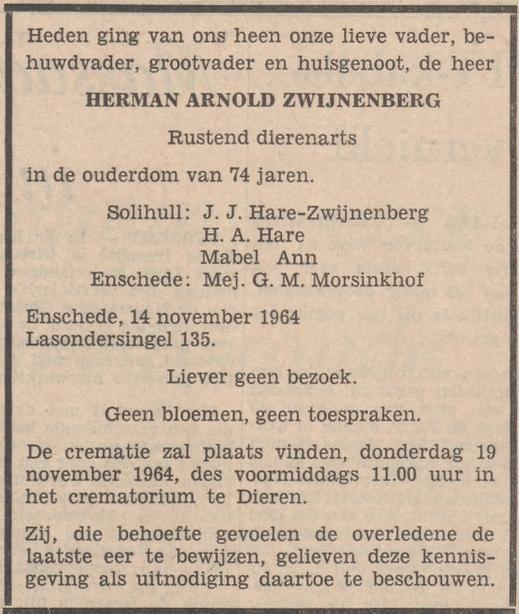 Lasondersingel 135 H.A. Zwijnenberg dierenarts overlijdensadvertentie Tubantia 16-11-1964.jpg