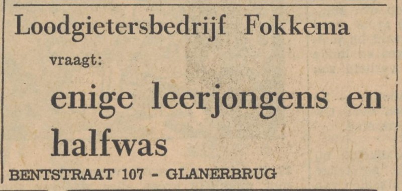Bentstraat 107 Loodgietersbedrijf Fokkema advertentie Tubantia 27-4-1956.jpg