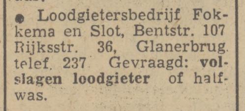 Rijksstraat 36 Loodgietersbedrijf Fokkema en Slot advertentie Tubantia 24-1-1951.jpg