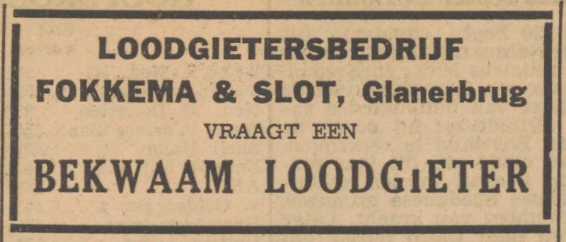Rijksweg 36 Loodgietersbedrijf Fokkema & Slot advertentie Tubantia 30-9-1952.jpg