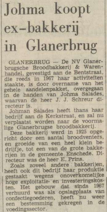 Bentstraat N.V. Glanerbrugsche Broodbakkerij en Warenhandel krantenbericht Tubantia 9-12-1970.jpg