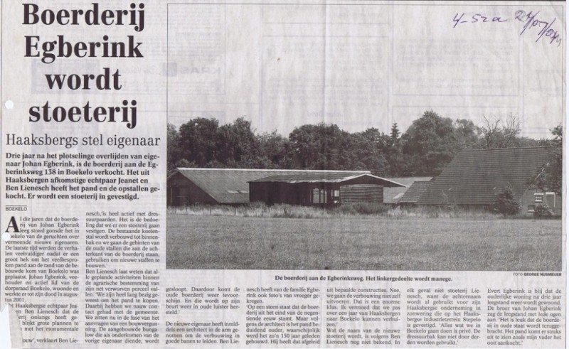 Egberinksweg 138 Boekelo boerderij Egberink wordt stoeterij krantenbericht 24-7-2004.jpeg