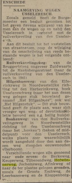 Hofwönnerweg straatnaam Usselo. krantenbericht Tubantia 29-5-1953.jpg