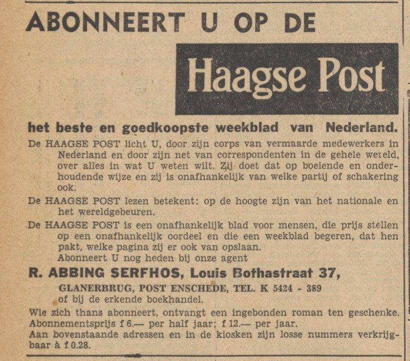 Louis Bothastraat 37 R. Abbing Serfhos advertentie Tubantia 1-11-1952.jpg