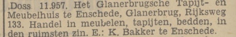 Rijksweg 133 Tapijt- en Meubelhuis K. Bakker krantenbericht Tubantia 7-8-1939.jpg