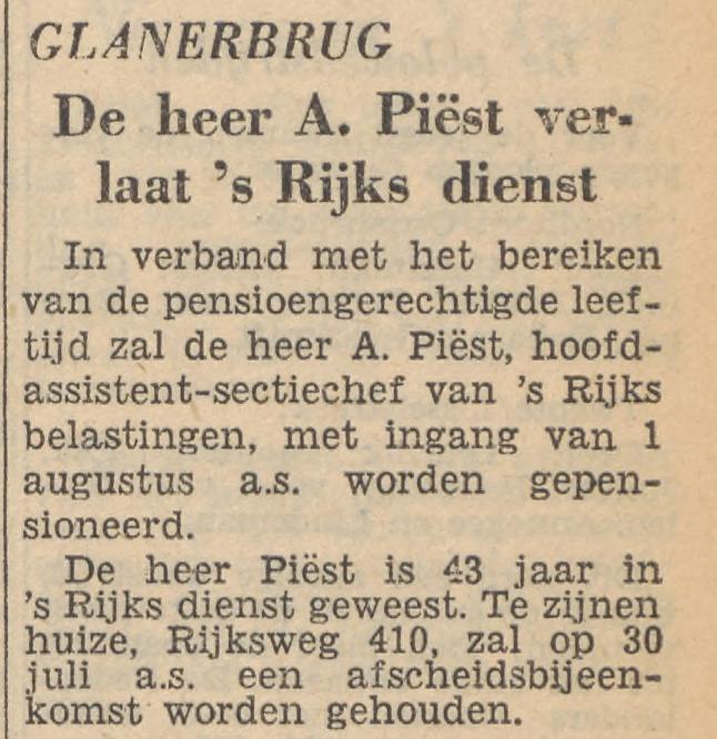 Rijksweg 410 Hoofd assistent-sectiechef van 's Rijksbelastingen A. Piest krantenbericht Tubantia 28-2-1958.jpg