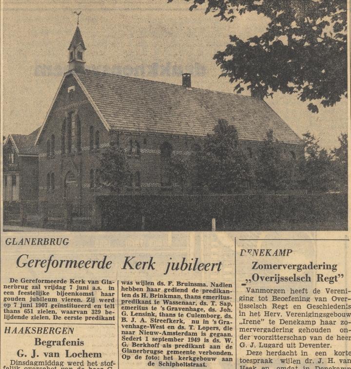 Schipholtstraat 41 Glanerbrug Gereformeerde kerk jubileert met predikant Ds. W.G. Berkhoff. krantenbericht Tubantia 5-6-1957.jpg