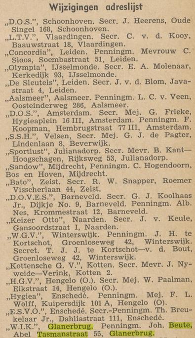 Abel Tasmanstraat 55 Joh. Beute penningmeester W.I.K. Glanerbrug. Tijdschrift Ned. Gymnastiek Verbond 1-8-1943.jpg