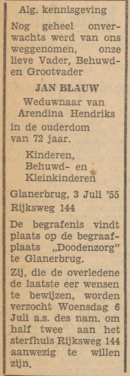 Rijksweg 144 Jan Blauw overlijdensadvertentie Tubantia 4-7-1955.jpg