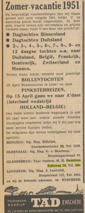 Rijksweg 20 Taxi-onderneming H.H. Damhuis advertentie Tubantia 4-4-1951.jpg
