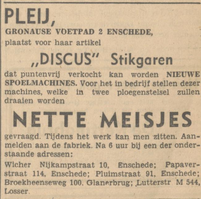 Gronause Voetpad 2 Discus stigaren Pleij advertntie Tubantia 4-5-1948.jpg