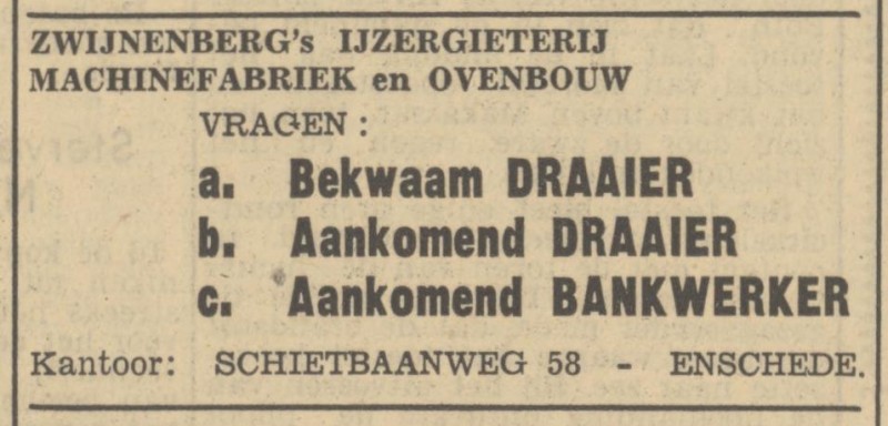 Schietbaanweg 58 Zwijnenberg's IJzergieterij Machinefabriek en Ovenbouw advertentie Tubantia 24-12-1949.jpg