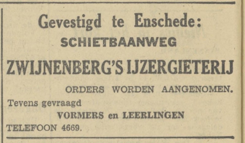 Schietbaanweg 58 IJzergieterij Zwijnenberg advertentie Tubantia 18-10-1946.jpg