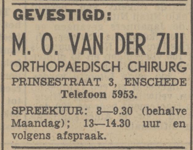 Prinsestraat 3 M.O. van der Zijl Orthopedisch chirurg advertentie Tubantia 15-1-1942.jpg