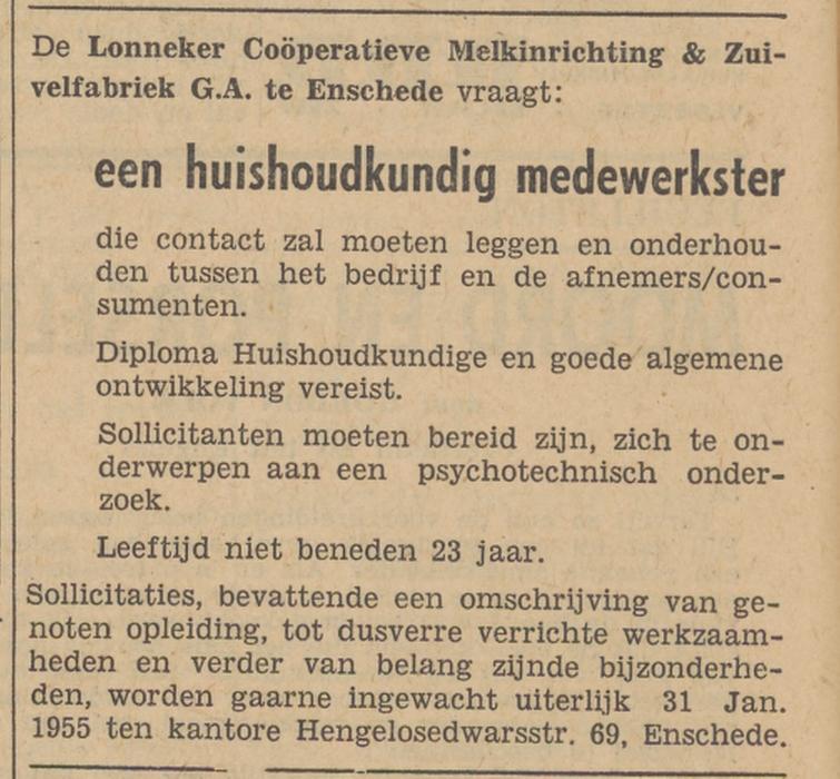 Hengelosedwarsstraat 69 Lonneker Coöperatieve Melkinrichting & Zuivelfabriek G.A. advertentie Tubantia 11-1-1955.jpg