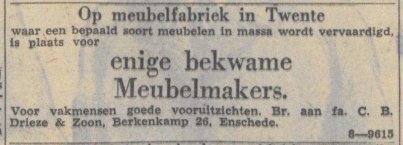 Berkenkamp 26 meubelfabriek Fa. C.B. Drieze & Zoon advertentie De Volkskrant 22-10-1949.jpg