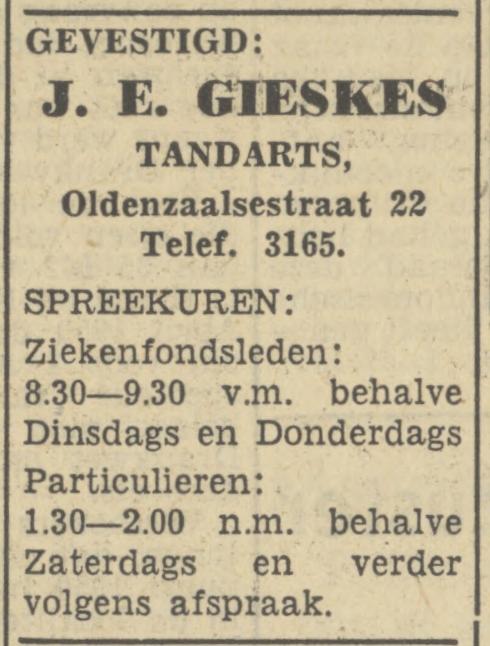 Oldenzaalsestraat 22 J.E. Gieskes Tandarts advertentie Tubantia 17-5-1950.jpg