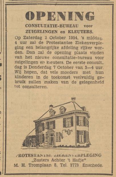 M.H. Tromplaan 8 Protestantse ziekenverpleging Zusters achter 't Hofje advertentie Tubantia 2-10-1954.jpg