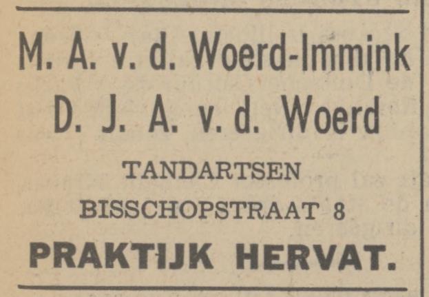 Bisschopstraat 8 M.A. v.d. Woerd-Immink en D.J.A. v.d. Woerd Tandartsen advertentie Tubantia 20-8-1937.jpg